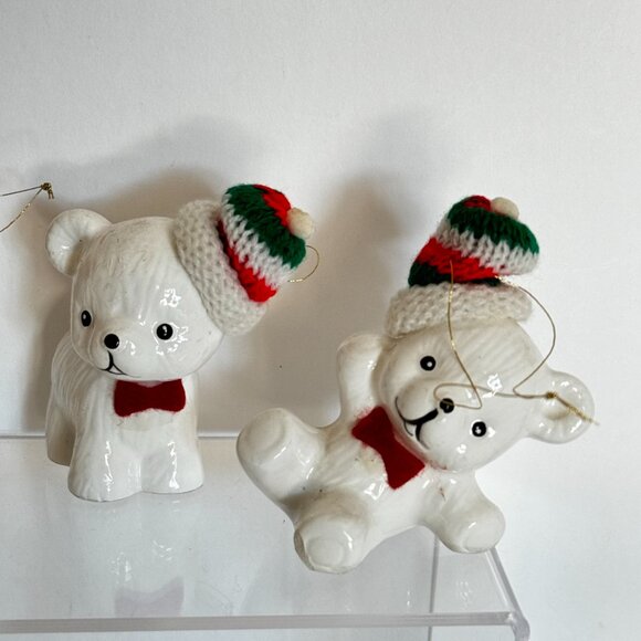 Vtg Snow Bear Ornaments 4 Porcelain Bears Knit Hats Bows Christmas Around the - Picture 4 of 16